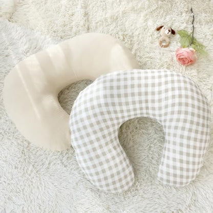 Beige and khaki checkered nursing pillow cover on standard feeding pillow