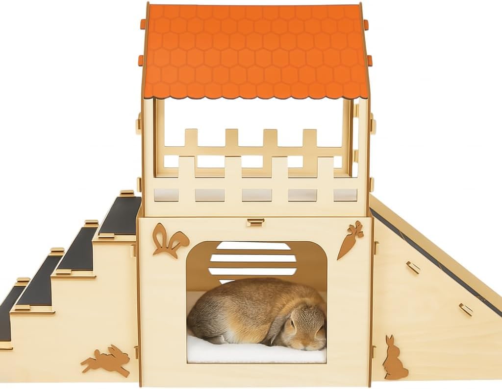 OtterPets Extra Large Bunny Hideout, Cozy Rabbit Castle with Fleece Mats, Wooden Rabbit Hideout, Bunny House Indoor Indoor, Chinchilla, Guinea Pig House (Pet Safe Wood Joints) - Image 1