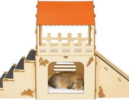 OtterPets Extra Large Bunny Hideout, Cozy Rabbit Castle with Fleece Mats, Wooden Rabbit Hideout, Bunny House Indoor Indoor, Chinchilla, Guinea Pig House (Pet Safe Wood Joints) - Image 1