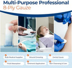 Bulk pack of two hundred cotton gauze pads showing thickness and dimensions.