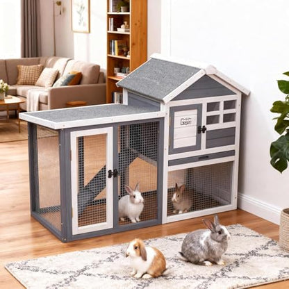GEGURI Large Rabbit Hutch Indoor Outdoor Chicken Coop Wooden Bunny Cage with Waterproof Roof (48''L x 24''W x 36''H Grey) - Image 2