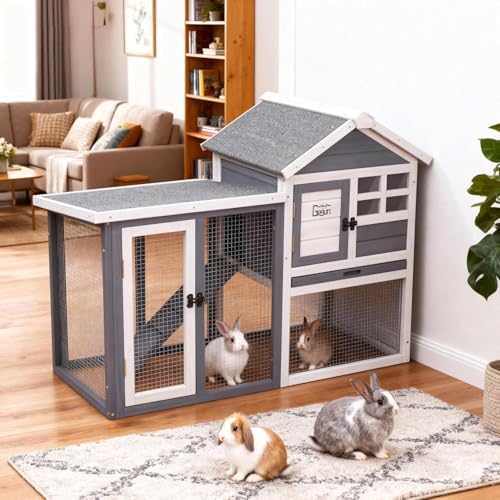 GEGURI Large Rabbit Hutch Indoor Outdoor Chicken Coop Wooden Bunny Cage with Waterproof Roof (48''L x 24''W x 36''H Grey) - Image 2