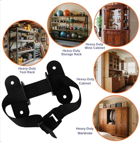 Demonstration of the high capacity 1000 pounds anti tip strap securing a tall bookshelf to the wall