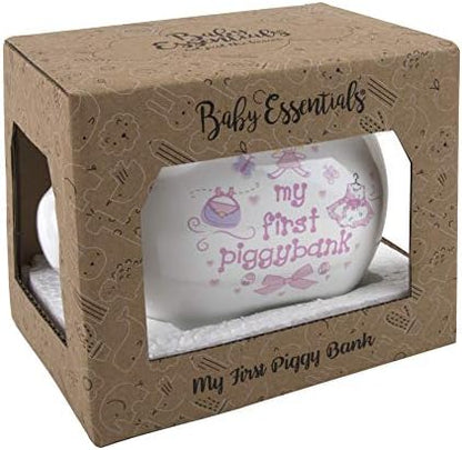 Baby Essentials My First Piggy Bank side view displaying the full eight inch compact dimensions and detailed finish.