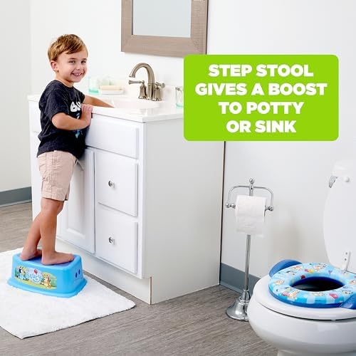 Ginsey Bluey non slip step stool highlighting the textured safety top and lightweight design for toddlers.