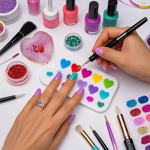 Top down view of resin nail paint mixing palette on salon table