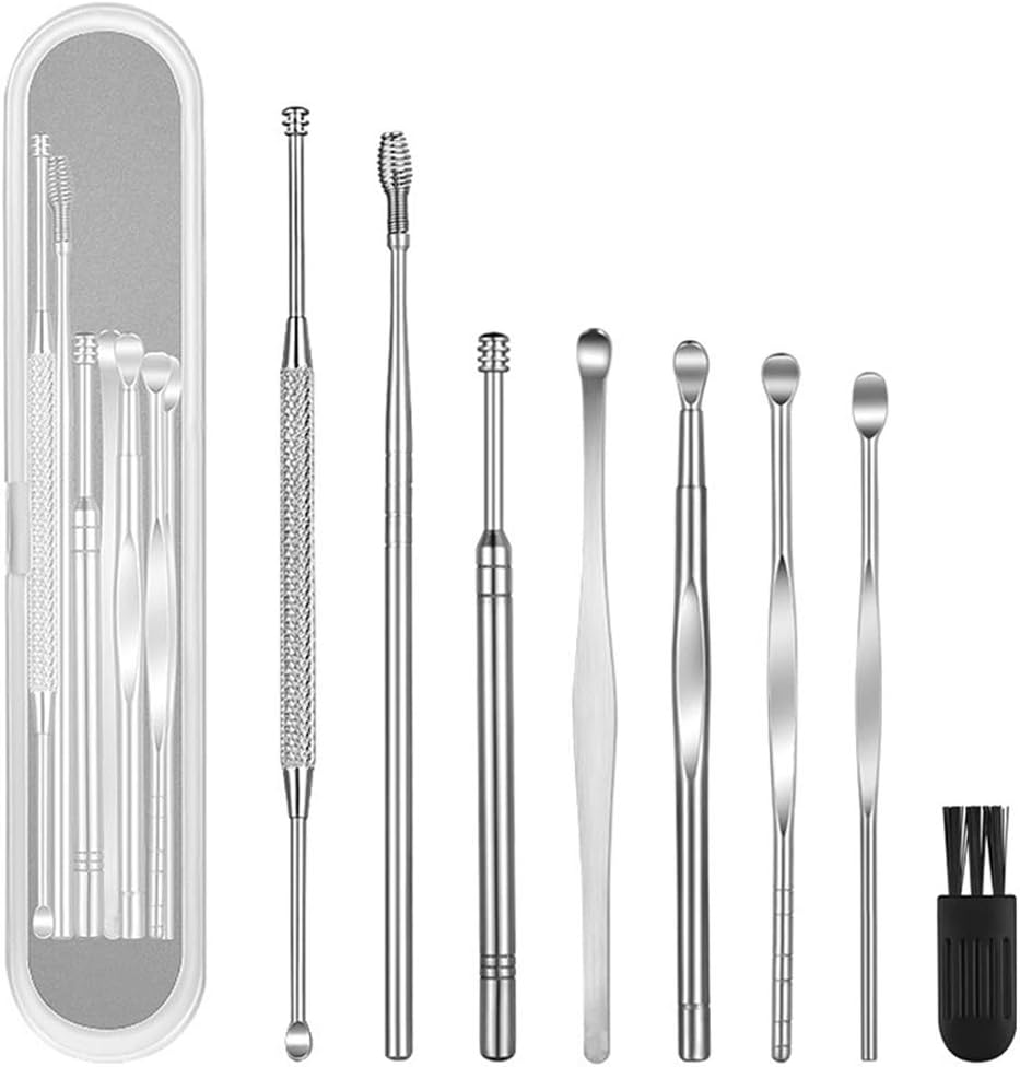 Geengle 8 Piece Ear Pick Earwax Removal Kit front view showing stainless steel tools.