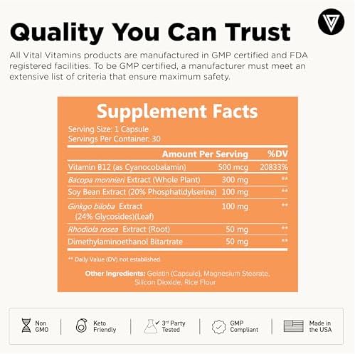 Vital Vitamins brain booster dietary supplement bottle showing 30 capsules quantity