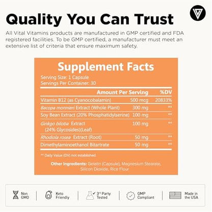 Vital Vitamins brain booster dietary supplement bottle showing 30 capsules quantity