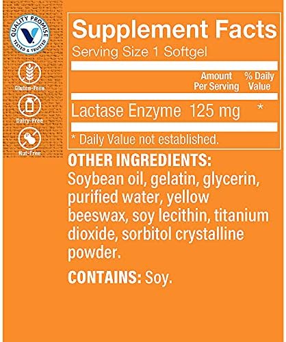 The Vitamin Shoppe Lactase Enzyme supplement label showing 125 mg dosage and allergy information