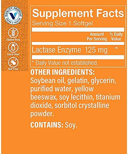 The Vitamin Shoppe Lactase Enzyme supplement label showing 125 mg dosage and allergy information