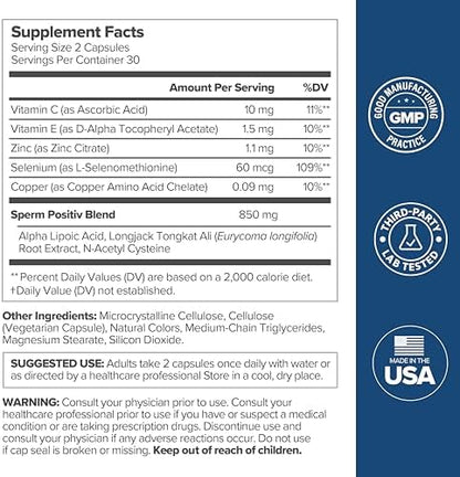 O Positiv Preggo Sperm Health 60 count container showing antioxidant and testosterone support features