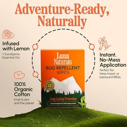 Premium USA imported botanical mosquito repellent wipes for tropical outdoor protection.