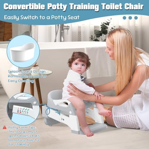 Built in urinal splash guard on a grey children toilet trainer