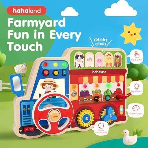 Hahaland 18 in 1 sensory toy showing child safe rounded edges and battery panel