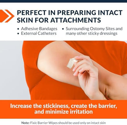 Fixic protective barrier film wipes being applied to arm for CGM sensor prep.