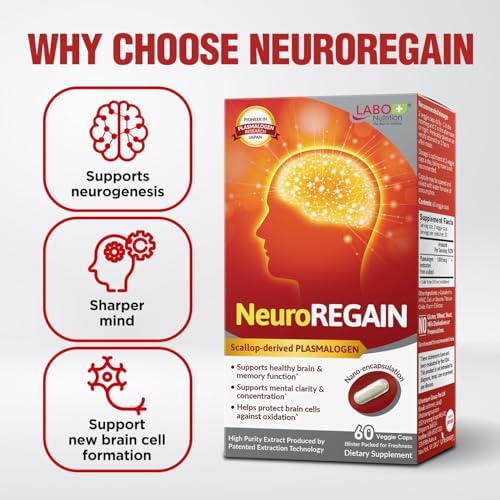 LABO Nutrition NeuroREGAIN bottle showing nutritional facts and scallop-derived plasmalogen content.