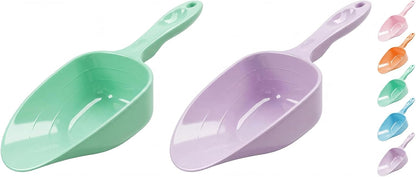 Orange pet food scoop showing dishwasher safe icon
