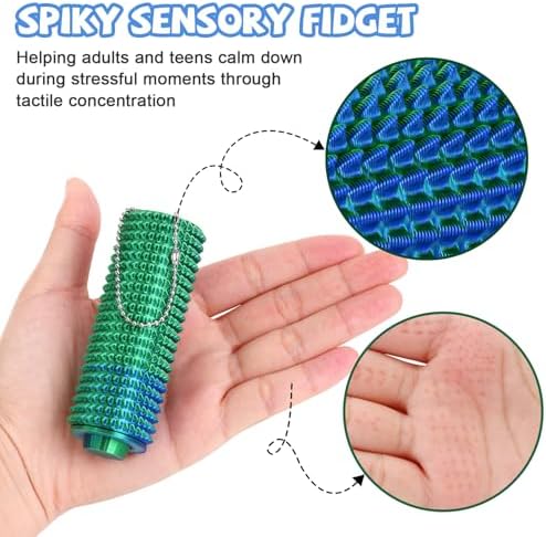 Close-up of the spiky tactile texture on the mini stim tool keychain.