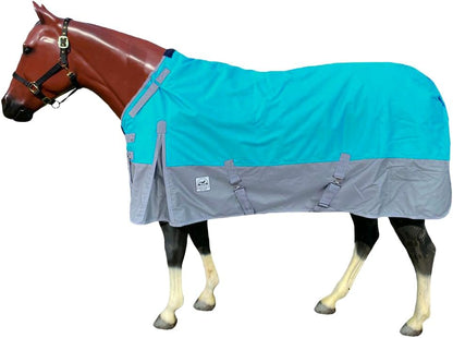 Rugged Ride waterproof turnout rug showing the full coverage tail flap and rear adjustable elastic leg straps.