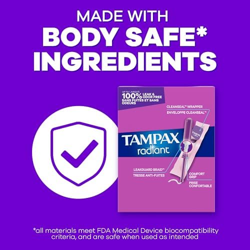 Comparison of Light and Regular Tampax Radiant tampons included in the 26 count multipack.