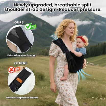 Adjustable toddler carrier with hip seat packaging and structural details