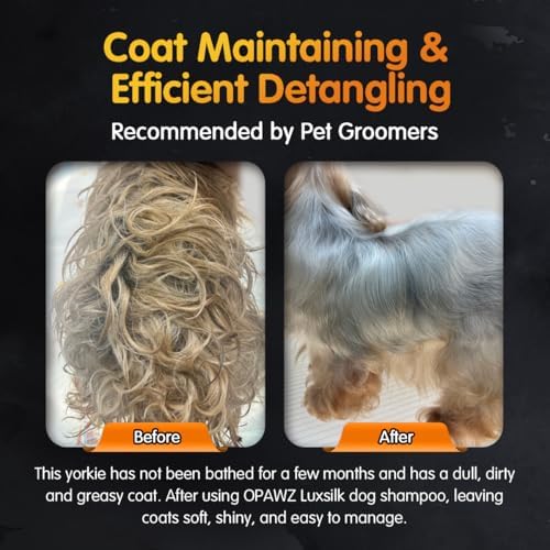 Opawz LuxSilk dog shampoo showing berry scent and pH balanced attributes.