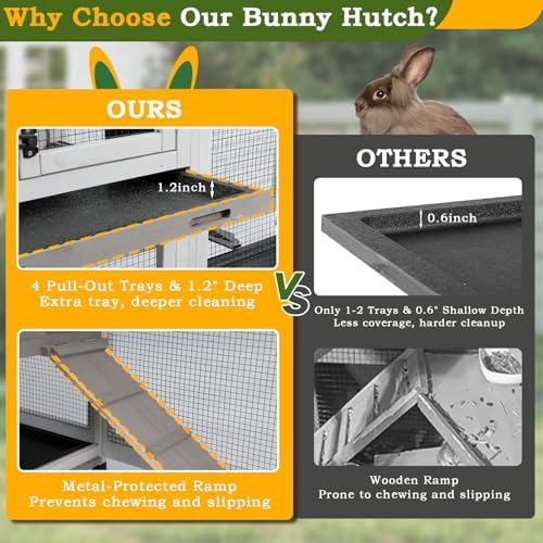 PetsCosset Double Rabbit Hutch Outdoor Indoor Large Bunny Cage with Dual Side Runs, 2-Story Wooden Hutch with 4 Leak Proof Trays, 8 Wheels, Waterproof Roof, Ramp, for Small to Medium Animals - Image 7