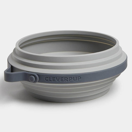 Cleverpup Nomad large collapsible travel dog bowl grey front view expanded for food and water
