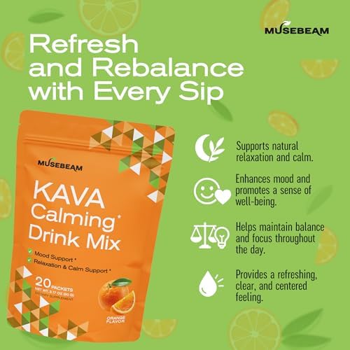 Single-serve stick packets of sugar-free orange flavored Kava calming drink.