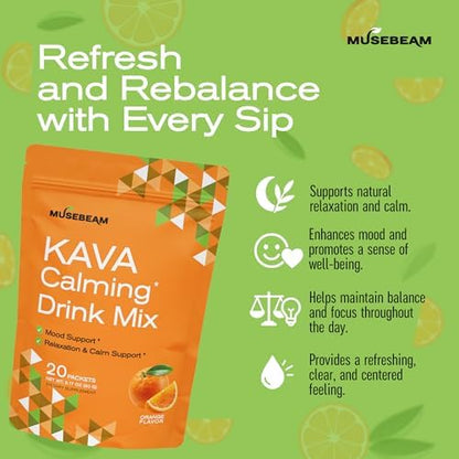 Single-serve stick packets of sugar-free orange flavored Kava calming drink.