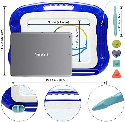 Magnetic drawing board with shape stamps and handle