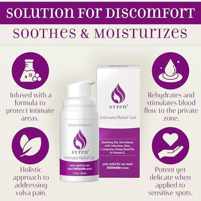 Syren intimate relief topical gel packaging showing ingredients and 1 ounce size