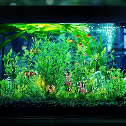 Vibrant fading resistant faux aquarium greenery demonstrating safe hiding spots for fish.