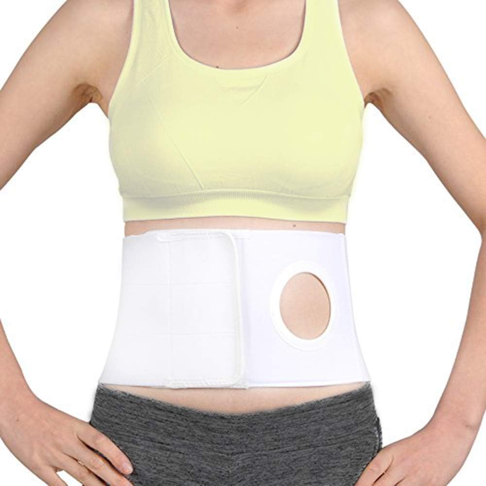 HKJD medical ostomy belt front view showing the medical grade white fabric and the three point fourteen inch stoma opening