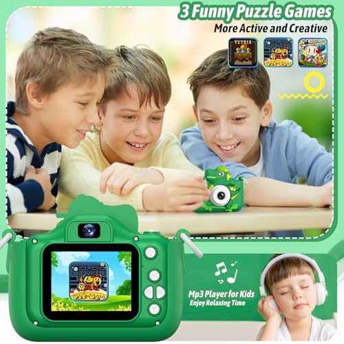 Dwfit green dinosaur kids toy camera displaying built in puzzle games interface