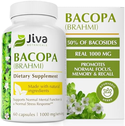 Supplement facts label on Jiva Botanicals Brahmi capsule bottle showing ingredients.