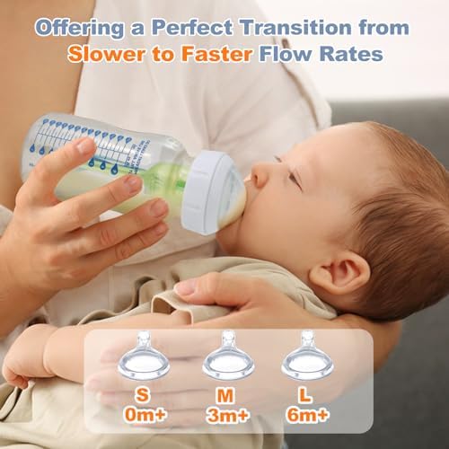 Clear view of the flexible anti colic design of the wide neck silicone nipples for infants.