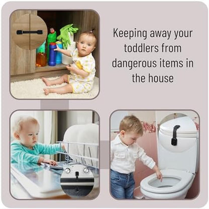 Toddler proof toilet seat lock installation using flexible black strap latch