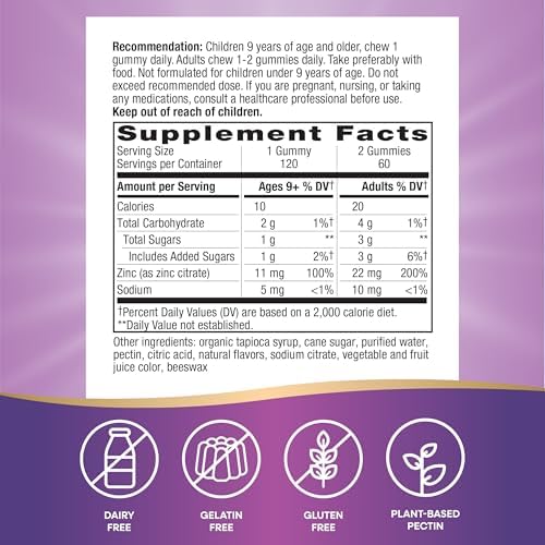 Nature's Way gluten free zinc chews providing 22mg of essential mineral per serving immune booster