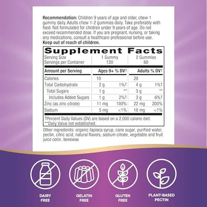 Nature's Way gluten free zinc chews providing 22mg of essential mineral per serving immune booster