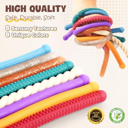Close up of diverse patterns on high elasticity sensory sticks for autism tactile stimulation
