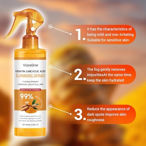Dr.Melaxin Kojic Acid body spray being misted onto skin for gentle chemical exfoliation and brightening