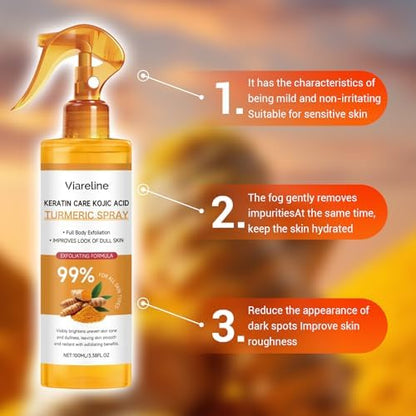 Dr.Melaxin Kojic Acid body spray being misted onto skin for gentle chemical exfoliation and brightening