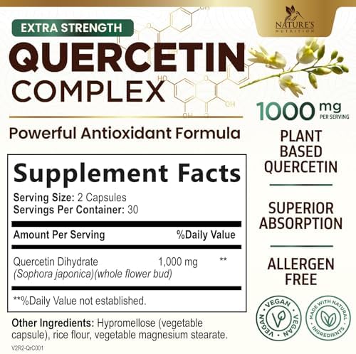 Nature's Nutrition Quercetin 1000mg supplement label showing extra strength plant-based bioflavonoids ingredients.