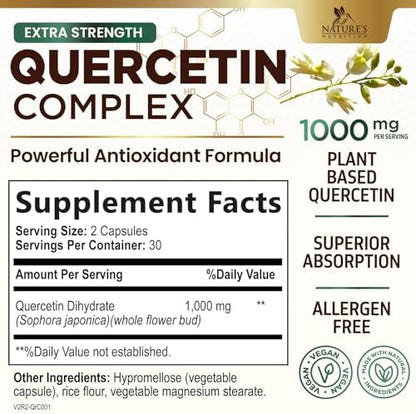 Nature's Nutrition Quercetin 1000mg supplement label showing extra strength plant-based bioflavonoids ingredients.