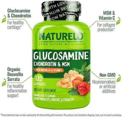 NATURELO Glucosamine Chondroitin MSM with Boswellia and Vitamin C - Supplement for Joint Comfort, Mobility, and Strength - 120 Capsules - Image 3