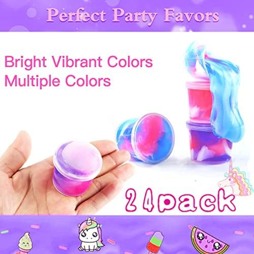 Assorted miniature cups of purple and blue cosmic slime arranged as party favors