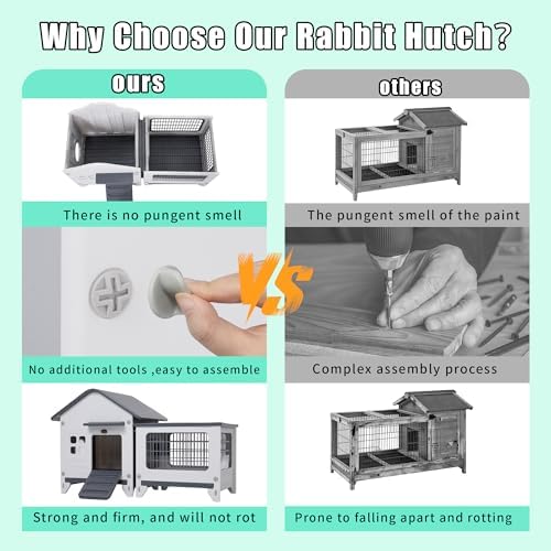 Rabbit Hutch Indoor & Outdoor with Extended Play Area, Plastic Rabbit Hutch with Sloped Roof Drainage, Panoramic Windows, Urine Barrier & Pull-Out Tray, Rabbit Cage with Run Easy to Clean and Assemble - Image 5