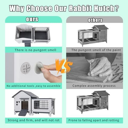 Rabbit Hutch Indoor & Outdoor with Extended Play Area, Plastic Rabbit Hutch with Sloped Roof Drainage, Panoramic Windows, Urine Barrier & Pull-Out Tray, Rabbit Cage with Run Easy to Clean and Assemble - Image 5